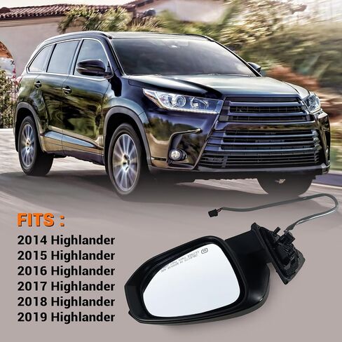 Right Passenger Side Mirror Assembly Fits 2014-2019 Toyota Highlander With Power Glass Heated Turn Signal and Blind Spot without Puddle lights Match Black Replace TO1321361(7Pins) in Kuwait