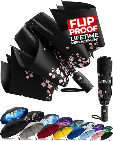 TUMELLA Strongest Windproof Reversed Travel Umbrella, Small Strong but Light Portable and Automatic Folding Rain Umbrella, Durable Premium Grip, Fits Car & Backpack in Kuwait