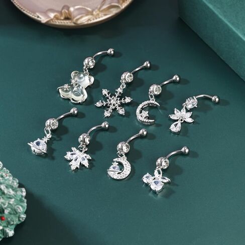 14G Surgical Stainless Steel Dangle Belly Button Rings for Women Belly Ring Dangling Piercing Jewelry with Heart Flower Butterfly Little Bear bat snowflake moon planet zircon Tone in Kuwait