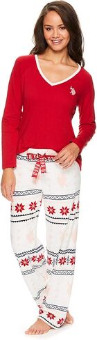 يو اس بولو اسن. طقم ملابس نوم نسائي كاجوال بأكمام طويلة وسروال بيجامة، أحمر X-Large in Kuwait
