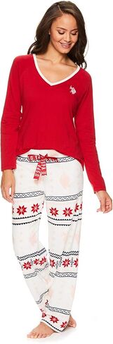 يو اس بولو اسن. طقم ملابس نوم نسائي كاجوال بأكمام طويلة وسروال بيجامة، أحمر X-Large in Kuwait