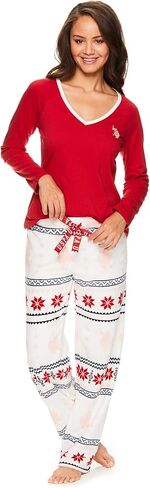 يو اس بولو اسن. طقم ملابس نوم نسائي كاجوال بأكمام طويلة وسروال بيجامة، أحمر X-Large in Kuwait