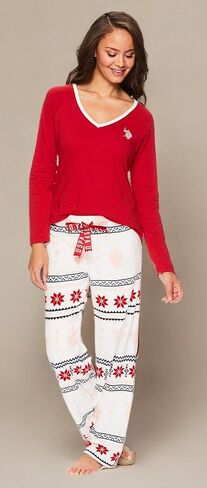 يو اس بولو اسن. طقم ملابس نوم نسائي كاجوال بأكمام طويلة وسروال بيجامة، أحمر X-Large in Kuwait