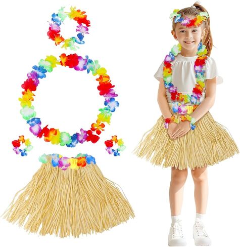 Fortuning's JDS Girl's Hawaiian Hula Grass Skirt with Flowers Costume Set Raffia Skirt for Luau Tropical Beach Party in Kuwait