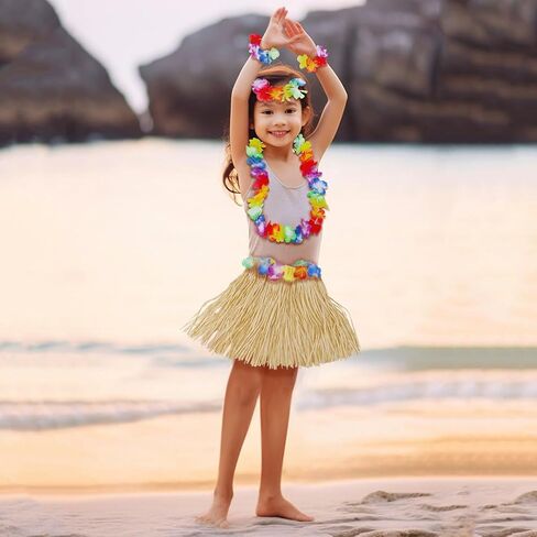 Fortuning's JDS Girl's Hawaiian Hula Grass Skirt with Flowers Costume Set Raffia Skirt for Luau Tropical Beach Party in Kuwait