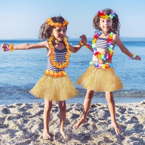 Fortuning's JDS Girl's Hawaiian Hula Grass Skirt with Flowers Costume Set Raffia Skirt for Luau Tropical Beach Party in Kuwait