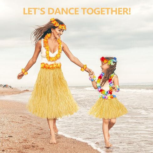 Fortuning's JDS Girl's Hawaiian Hula Grass Skirt with Flowers Costume Set Raffia Skirt for Luau Tropical Beach Party in Kuwait