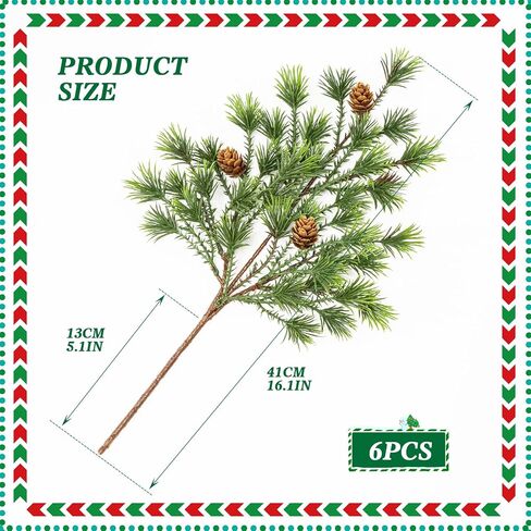 16.1'Artificial Christmas Norfolk Pine Branches Pinecone Garland Stems Tree Greenery Decor Faux Cedar Picks Home Decoration Real Touch Evergreen Realistic Plant Leaves for Winter Holiday Indoor (6PCS) in Saudi Arabia