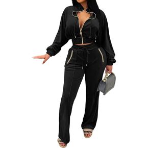 Adogirl Women 2 Piece Outfits Velvet Sweatsuit Jogging Suit Full Zipper Sweatshirt + Wide Leg Sweatpants Tracksuit Lounge Set