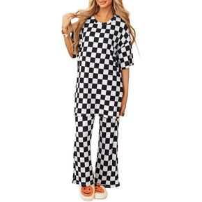 Two Piece Sets for Women Checkered Half Sleeve Tunic Top and Flared Pants Matching Lounge Set Casual Outfits Tracksuit