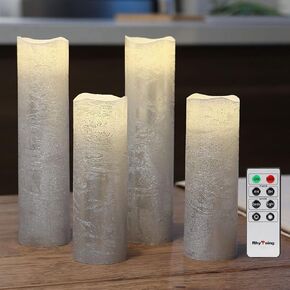 شموع LED تعمل بالبطارية الفضية النحيفة من Rhytsing، شموع عديمة اللهب مع جهاز تحكم عن بعد، لمسة نهائية من الشمع المزخرف، تتضمن 8 بطاريات - قطر 2 بوصة - مجموعة من 4