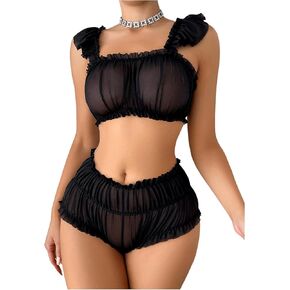 Verdusa Women's 2 Piece Ruched Mesh Bralette Top and High Waist Panty Lingerie Set