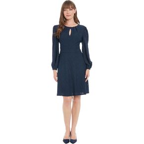 London Times Women's Elegant Eyelet Knee-Length Long Bishop Sleeves-Cinched Waist-Keyhole Neckline-Versatile Cocktail Dress