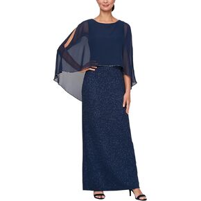 S.L. Fashions Women's Long Mother of The Bride Column Dress with High Low Overlay and Back Slit