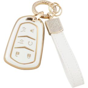 1797 Key Fob Cover fit for Cadillac Escalade 2015-2020 Accessories Bling Car Remote Key Chain Case Shell 6 Button Girly Cute White Gold TPU
