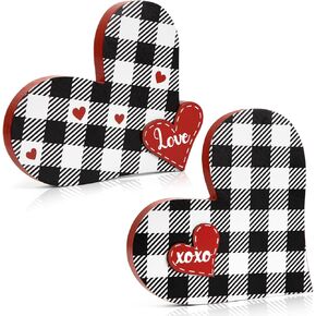 2 Pcs Valentine’s Day Wood Love Sign Heart Shaped, Valentine Tray Decor, Buffalo Plaid Love Xoxo Wooden Centerpiece for Table, Valentine Decorations for Home, Wedding Engagement Party Gift Decoration