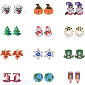 12 Pairs Hypoallergenic Holiday Stud Earrings Set for Women Fall Halloween Earrings Christmas Earrings for Girls Teacher Earrings St. Patrick's Day Earrings 4th of July Earrings Holiday Jewelry for Women