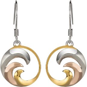 14K Gold Plated Tri-Color Sterling Silver Ocean Wave Dangle Earrings
