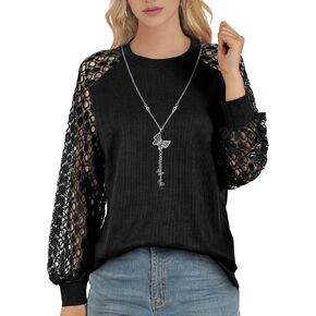 AURUZA Long Sleeve Shirts for Women Waffle Knit Puff Lace Sleeve Tops Dressy Casual Blouses Work Business Fall Outfits