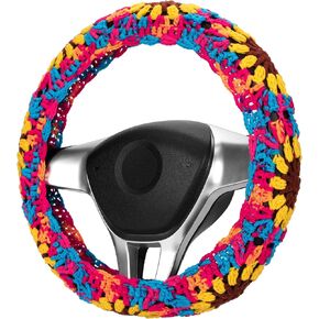 14-15 in Crochet Steering Wheel Cover Set, Handmade Sunflower Seat Belt Pad Covers, Boho Cute Car Hippie Accessories for Women Fit Sedans, SUVs, Vans CSWCS (Mixed red Single Wheel Cover)
