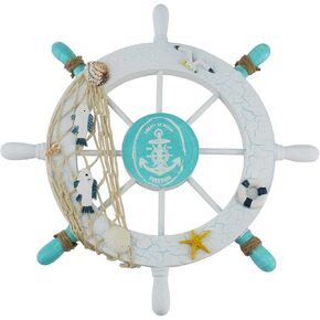 Ogrmar Mediterranean Nautical Wooden Boat Ship Steering Wheel/Handcrafted Wooden Ship Wheel Pirate Decor Wall and Door Hanging Ornament Plaque (White Fish)