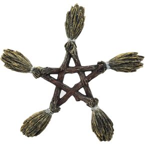 Ebros Witchcraft and Wiccan Broomsticks Pentagram Wall Decor Hanging Plaque Figurine Wicca Pentacle Sculpture Symbol Of 5 Elements Of The Universe As Halloween Prop or Gift Ideas For Occultism Pagan