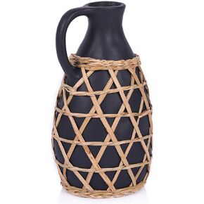 Rustic Farmhouse Hand Woven Ceramic Vase for Dried Pampas Flower Home Decor. Artistic Boho Decorative Ceramic Vases for Floral Arrangements Table Centerpiece, Living Room Mantel Decor (Dual Ear)