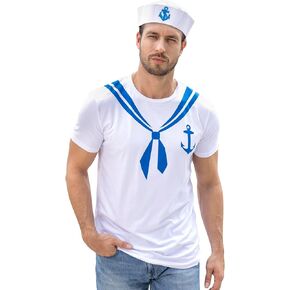 Funny World Men's Sailor T-shirt with Hat Graphic Short Sleeve Yacht Party Costume