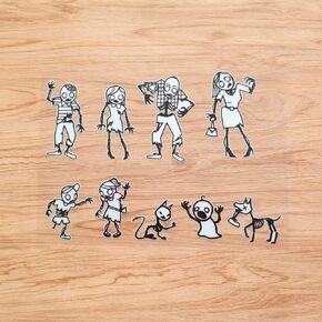 Zombie Stick Family Figure Pet Dog Car Truck Bumper Sticker Decal Vinyl - Set of 9 Reflective - White Background