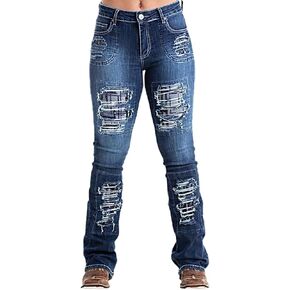 جينز طيور النحام الممزق ذو الرقبة الطويلة للتحكم في البطن للنساء، جينز راعية البقر متوسط ​​الخصر عصري قابل للتمدد in Kuwait