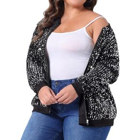Agnes Orinda Plus Size Sequin Jackets for Women Sparkle Long Sleeve Front Zip Bomber Jacket with Pockets