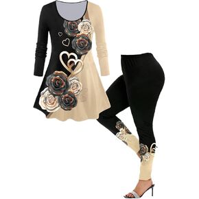 ROSEGAL Women Plus Size Two Piece Outfits Rose Print Colorblock Long Sleeve Tee and Leggings Matching Set 2 Piece Casual Set
