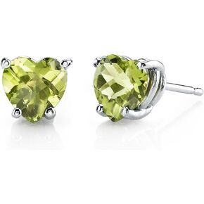 Peora Solid 14K White Gold Peridot Heart Stud Earrings for Women, Genuine Gemstone Solitaire Studs, 6mm, 1.75 Carats total, Friction Back, Real 14K Gold Earrings Peridot Jewelry,