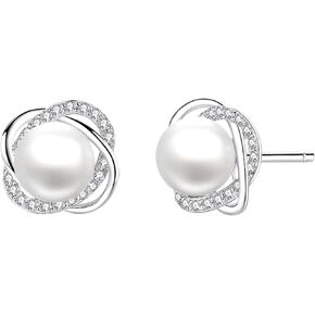 925 Sterling Silver Freshwater Pearl Stud Earrings for Women - Elegant Cross Circle Design with Sparkling Crystals, Hypoallergenic Jewelry for Everyday and Special Occasions