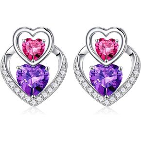 Iefil 925 Sterling Silver Double Birthstone Earrings, Heart Birthstone Stud Earrings for Women, Anniversary Birthday Gifts for Women Christmas Valentines Gifts for Her Wife Girlfriend Mom