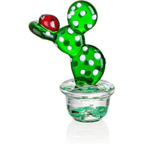 Hand Blown Glass Cactus with Ladybug Figurine, Colorful Crystal Animal Statue, Decorative Collectible, Gift