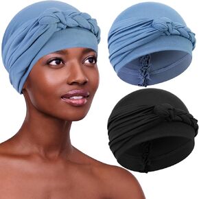 XEPST 2 Pieces Head Wraps Turban Hats Chemo Headwear Twisted Braid Hair Cover Headwrap Hats Sleep Caps for Women Girls Light Blue, Black
