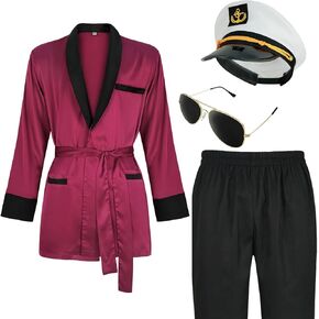 Men's adult red silk robe jacket Halloween Captain Sailor costume 5 PCS pajama set