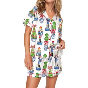 Seyurigaoka Christmas Pajamas Shorts Set for Women Santa Claus Pjs Button Up Shirt+Shorts 2 Piece Xmas Jammies Loungewear