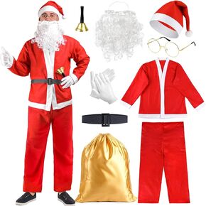 MOVINPE Santa Claus Costume for Adult Men Santa Costume Suit Accessories, Hat, Tops, Pants, Belts, Beard, Glasses, Gloves, Gift Bags Hand Bell, Perfect for Holiday Celebrations Parties Festive Events