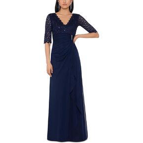 B&A by Betsy and Adam Womens Lace V-Neck Evening Dress Navy 10