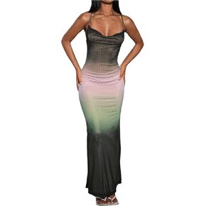 WDIRARA Women's Draped Cowl Neck Ombre Bodycon Cami Dress Sleeveless Bodycon Maxi Dresses