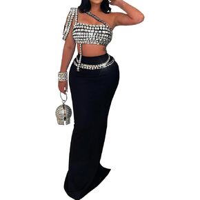 Hotheart Womens Sexy 2 Pieces Wrapped Chest Rhinestone Maxi Dress Set Evening formal Long Dress