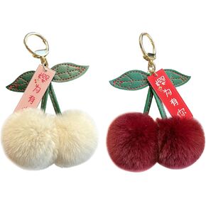 Surakey Cherry Fruit Keychain Creative Plush Metal Buckle Keyring Cherry Backpack Charm Kawaii PomPom Bag Purse Fluffy Ball