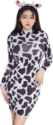 SINROYEE Women Bodycon Pencil Dress Cow Print Dress and Cow Headband Cow Costume for Party Cosplay in Saudi Arabia