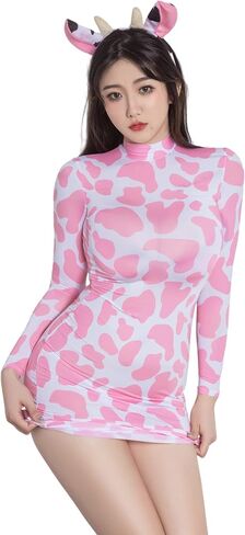 SINROYEE Women Bodycon Pencil Dress Cow Print Dress and Cow Headband Cow Costume for Party Cosplay in Saudi Arabia