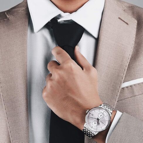 FEICE Men's Automatic Watch Mechanical Watch Stainless Steel Leather Band Watches Analog Curved Mirror Brushed Finish Casual Dress Watches for Men #FM212 (4-Silver+Leather Strap) in Kuwait