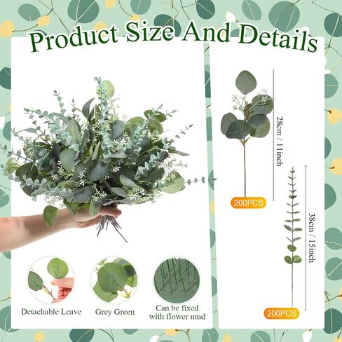 Tigeen Mixed Eucalyptus Leaves Stems Bulk Silver Dollar Artificial Greenery Leaves Stems Fake Plant Branches for Wedding Bridal Bouquets, Floral Arrangements, Centerpiece, Home Decor (Green,200 Pcs) in Kuwait