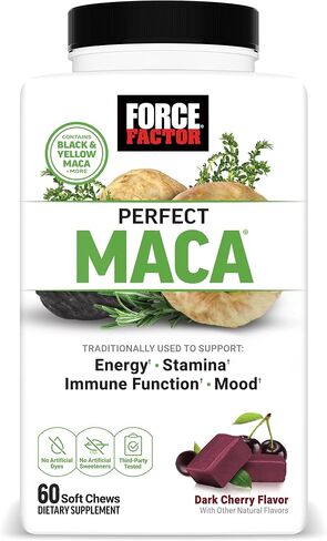 FORCE FACTOR Perfect Maca, Maca Root and DIM Supplement with Saffron to Boost Energy and Mood, with Yellow and Black Maca, Vitamins, Minerals, and Antioxidants, Dark Cherry Flavor, 60 Soft Chews in Saudi Arabia