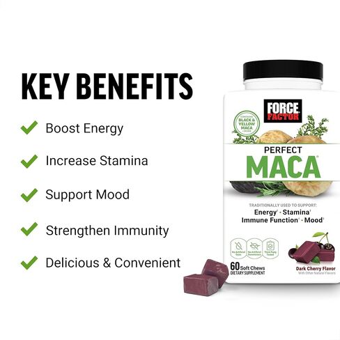 FORCE FACTOR Perfect Maca, Maca Root and DIM Supplement with Saffron to Boost Energy and Mood, with Yellow and Black Maca, Vitamins, Minerals, and Antioxidants, Dark Cherry Flavor, 60 Soft Chews in Saudi Arabia